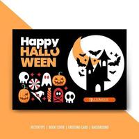 feliz halloween moderna tarjeta de invitación simple con casa fantasma, calabaza, fantasma, vector aislado de caramelo