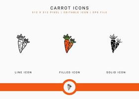 iconos de zanahoria establecen ilustración vectorial con estilo de línea de icono sólido. concepto vegetal saludable. icono de trazo editable en un fondo aislado para diseño web, interfaz de usuario y aplicación móvil vector