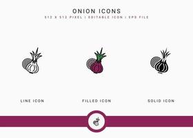 iconos de cebolla establecer ilustración vectorial con estilo de línea de icono sólido. concepto vegetal saludable. icono de trazo editable en un fondo aislado para diseño web, interfaz de usuario y aplicación móvil vector