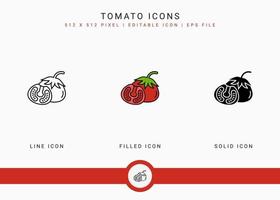 Tomato icons set vector illustration with solid icon line style. Vegetable healthy concept. Editable stroke icon on isolated background for web design, user interface, and mobile application