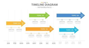 plantilla infográfica para negocios. Calendario de diagrama de línea de tiempo moderno de 12 meses con 5 temas, infografía vectorial de presentación. vector