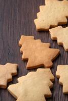 Close up of plain gingerbread Christmas tree cookie on wooden background. photo