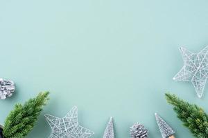 Top view of Christmas holiday background. Composition of festive ornament decor flatlay. photo