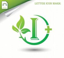 letter I with green leaf vector template