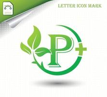 letra p con plantilla de vector de hoja verde