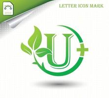 letter U with green leaf vector template