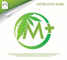 letter M with green cannabis leaf vector logo design