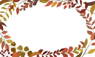 Autumn rustic foliage border frame in burgundy, yellow, and brown colors. Fall seasonal vibrant colors foliage, berries. Wedding invitation card template. Isolated on white background. vector