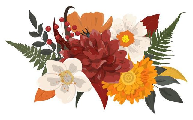 Autumn rustic floral arrangement in rustic style. Colorful flowers, dry leaves, ferns, and berries. Isolated on white background. Autumn holiday cards design