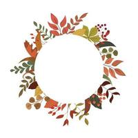Autumn rustic round frame invitation card template with leaves and greenery border frame. Seasonal bright vibrant colors foliage, berries. Isolated on white background. vector