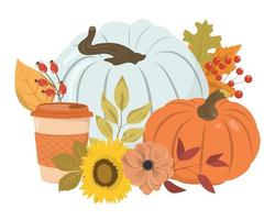 Autumn floral pumpkins arrangement with coffee cup, sunflower, dry leaves, berries. Isolated on white background. Thanksgiving day card template. vector