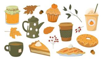 Collection of seasonal pumpkin spices, food and drink. Set of autumn delicious sweet desserts or pastries. Isolated on white background. Modern colorful vector illustration.