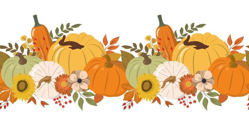 Cute autumn color pumpkins, flowers, berries, and leaves horizontal seamless pattern. Isolated on white background. Seasonal fall banner design for greeting or promotion.