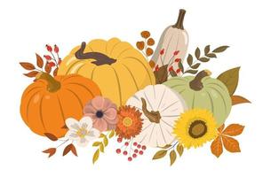 Cute autumn color pumpkins, flowers, berries, and leaves horizontal seamless pattern. Isolated on white background. Seasonal design for greeting or poster. vector