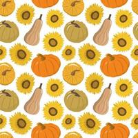 Fall colorful pumpkins and sunflowers seamless pattern. Isolated on white background. Thanksgiving Day festive design. vector