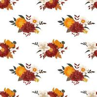 Fall floral arrangements with flowers, leaves, and berries seamless pattern with burgundy, orange, yellow flowers and forest leaves. Isolated on white background. vector