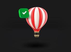 Air balloon with checkmark icon. 3d vector illustration