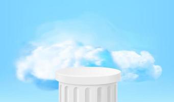 Empty white column podium with clouds. 3d vector showcase