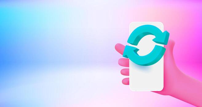 Upgrading application on mobile phone. 3d vector banner with copy space