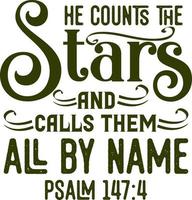 He counts the stars and calls them all by name, Psalm, Bible verse lettering calligraphy, Christian scripture motivation poster and inspirational wall art. Hand drawn bible quote. vector