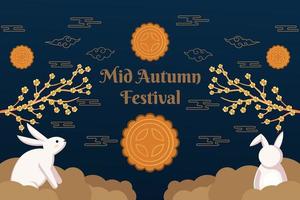 mid autumn festival illustration with two rabbits, mooncake, and tree vector