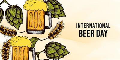 hand drawn international beer day background illustration with glass of beer, hops, and wheat vector