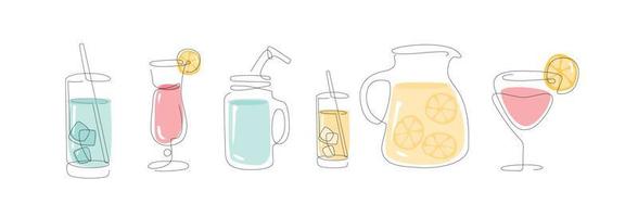 Summer drink one line. Simple linear beverage set. outline glasses set. Collection of juice and cocktails. lemonade jar in line art. Vector