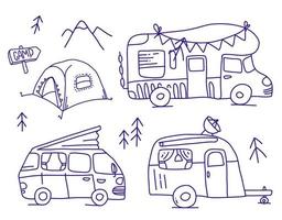 juego de garabatos de caravana y remolque. colección dibujada a mano de furgoneta de camping. tienda de campaña al aire libre. vector