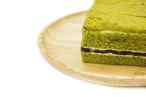 Closeup Japanese Matcha green tea cake cheesecake. space background photo