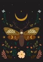 Postcard with a moth in boho style. Vector graphics.