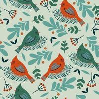 Seamless pattern with winter birds and flora. Vector graphics.