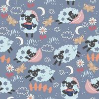 Seamless pattern of cute sleepy lambs. Vector graphics.