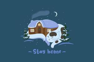 Hello winter. Winter picture with a sleeping cat and a house. Vector graphics.