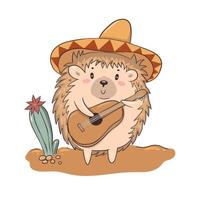 Cute character hedgehog in a hat plays the guitar isolate on a white background. Vector graphics.