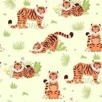 Seamless pattern with cute tigers and plants. Vector graphics.