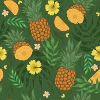 Seamless pattern with pineapples, flowers and leaves. Vector graphics.