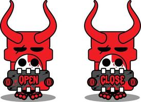 lindo cráneo rojo diablo mascota personaje dibujos animados vector sosteniendo tablero abierto y cerrado
