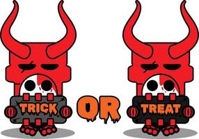 cute skull red devil mascot character cartoon vector holding trick or treat board