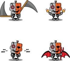vector cartoon cute mascot character skull voodoo doll pumpkin set bundle halloween