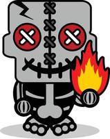 vector cartoon mascot character halloween skull cute voodoo doll with fire