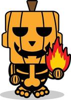 lindo halloween cráneo calabaza mascota personaje dibujos animados vector fuego