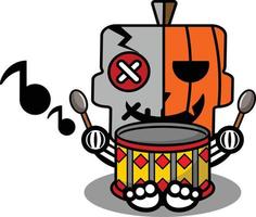 vector cartoon cute mascot skull character voodoo doll pumpkin playing drums
