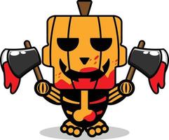 personaje de mascota de calabaza de dibujos animados de vector halloween lindo cráneo con hacha sangrienta