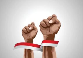 Vector illustration, hand holding Indonesia flag, as banner or background, Indonesia independence day.