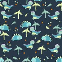 Nursery vector seamess pattern with baby dinosaurs, palm trees,  stars.