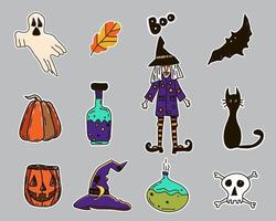 conjunto vectorial de halloween. ilustración dibujada a mano. bruja, calabaza, gato negro, veneno, olla mágica, calavera, huesos, sombrero, murciélago, fantasma, abucheo. vector