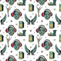 Vector hand drawn seamless pattern with zombies, boots, wings, speakerphones, stars.