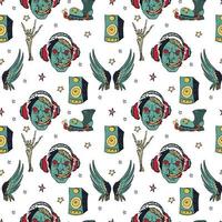 Vector hand drawn seamless pattern with zombies, boots, wings, speakerphones, stars.