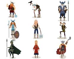 Vector set of Vikings characters. Scandinavian theme. Tor, Odin, Loki, drakkar, dragon, wolf.