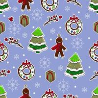 Cute christmas and new year hand drawn background. Vector seamless pattern for wrapping, wallpaper, scrabooking. Holly, christmas tree, gingerbread man, santa, candies, lollipops, wreaths.